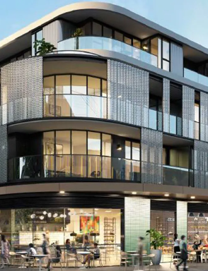 Exterior rendering of Sierra apartments in Hawthorn. Curved building.