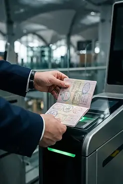 International businessman using Turkish passport at an automated airport e-gate, symbolizi