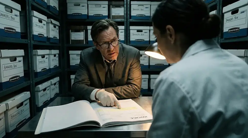 Legal attorney and forensic expert reviewing medical records and invoices to determine fault ratios and financial damages for a malpractice claim