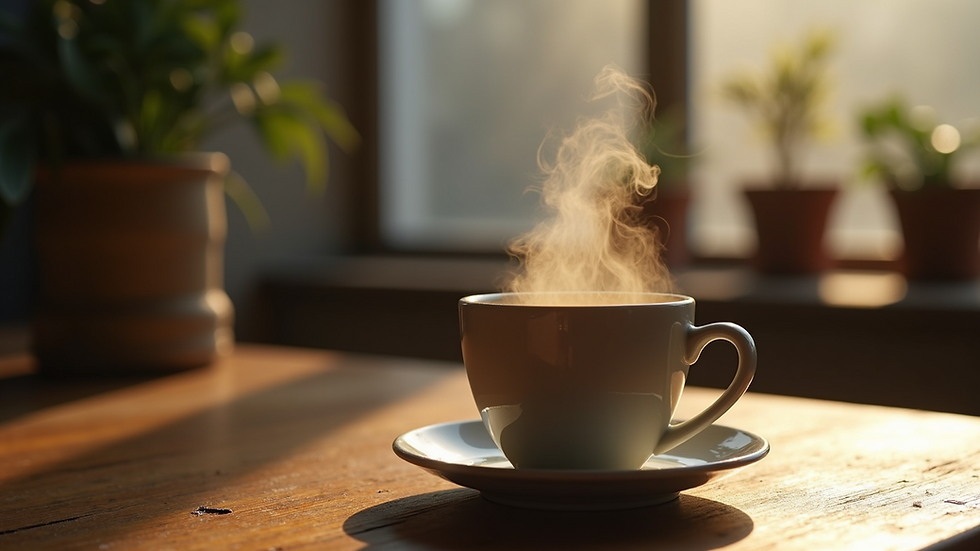Eye-level view of a steaming cup of yerba mate on a wooden table