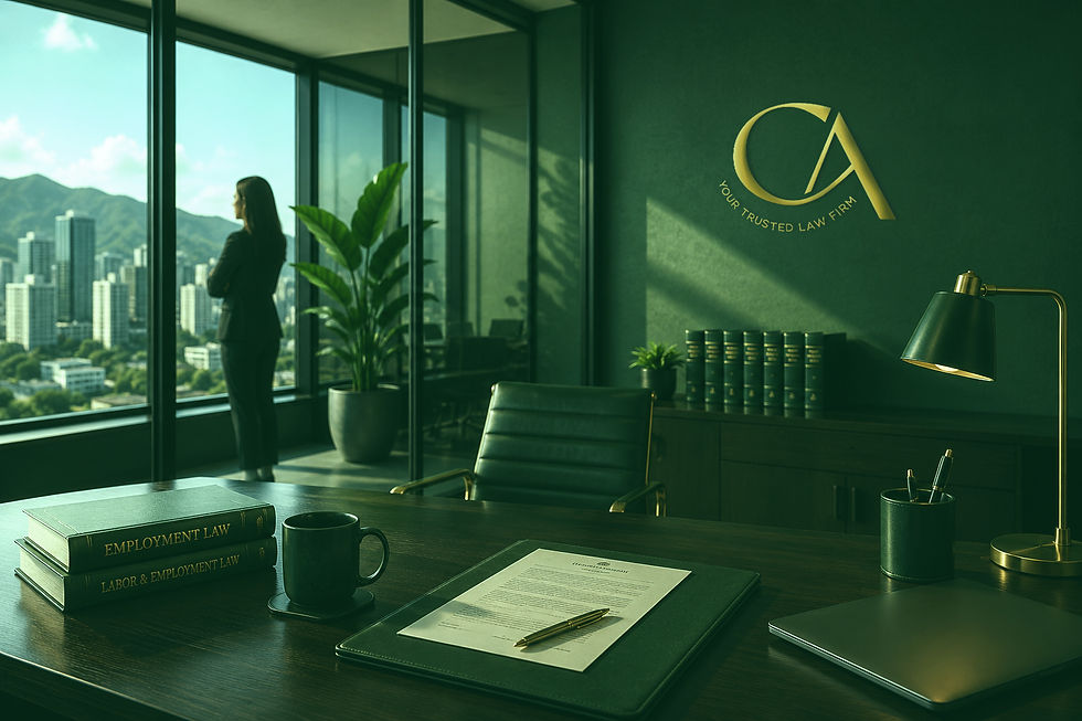 modern employment law office in puerto rico with legal workspace, city skyline view, and workplace retaliation representation concept