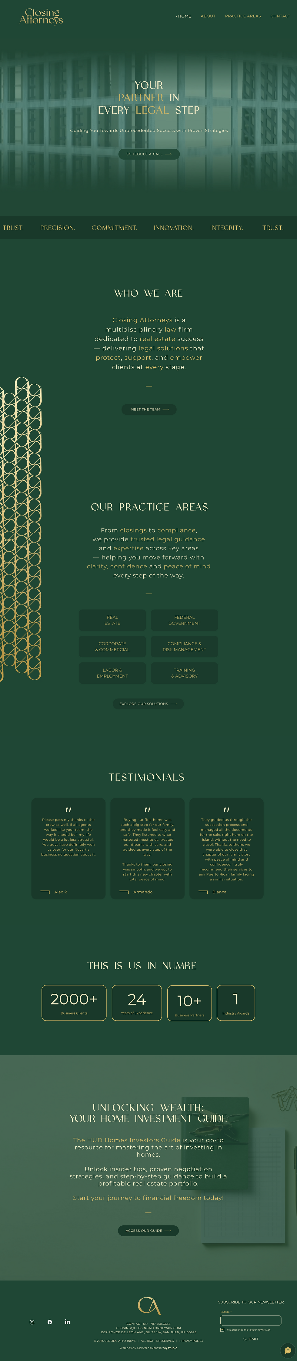 Vertical presentation of the Closing Attorneys website design highlighting key sections, luxury legal branding, responsive layout, and refined emerald and gold visual identity.