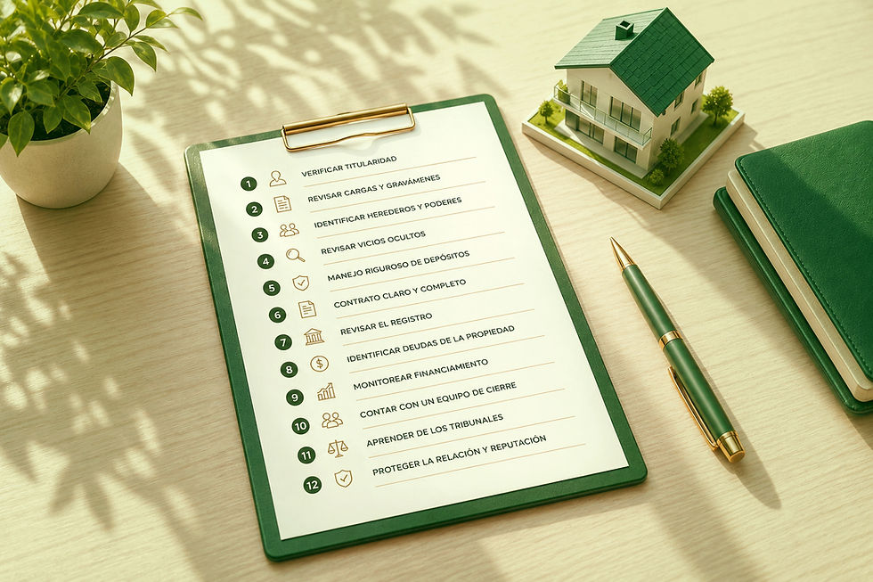 Overhead view of a real estate closing checklist on a green clipboard with twelve key closing steps, surrounded by a model home, gold pen, and office accessories in emerald green and gold tones representing a fast and reliable real estate closing process for brokers in Puerto Rico.