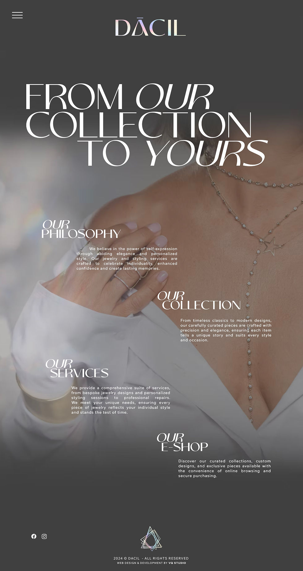 Minimalist landing page design for DĀCIL Fine Jewelry with editorial typography, soft neutral imagery, holographic branding, and luxury jewelry website layout.