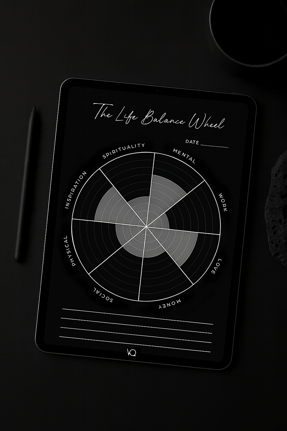 Life balance wheel for personal growth, self-reflection, and intentional living — designed in black for digital use
