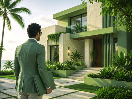 real estate broker in puerto rico standing in front of a modern luxury property, representing strategic closing partnerships and professional real estate growth