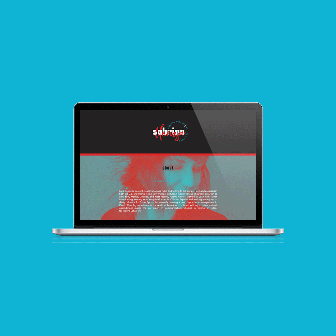 Vertical website preview for Sabrina Llenza featuring a bold, creative website design with dark editorial styling, vibrant accent colors, expressive imagery, service sections, portfolio work samples, and a dynamic layout reflecting her work in content creation, video, and writing.