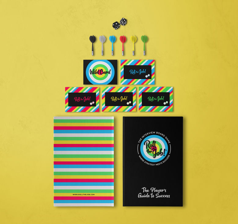 Everything included with the Roll the Job! interview board game, including cards, player guide, player pieces, and game board