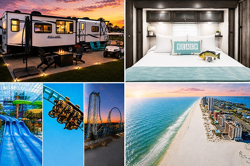 Alabay Getaway vacation rental in Foley, Alabama with RV resort stay, coastal bedroom, OWA and Tropic Falls, and nearby Gulf Shores beach.