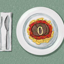 a plate with meat with bone marrow, tomatoe sauce and pasta illustration