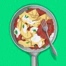 a pan with pasta, tomatoesauce, mozarella and herbs, with a fork illustration