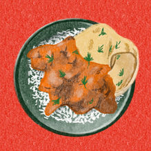 red curry sauce with rice and naan