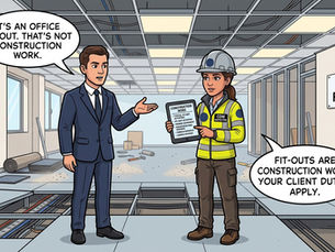 CDM inspector Clara explaining to a commercial client that an office fit-out is construction work under CDM 2015