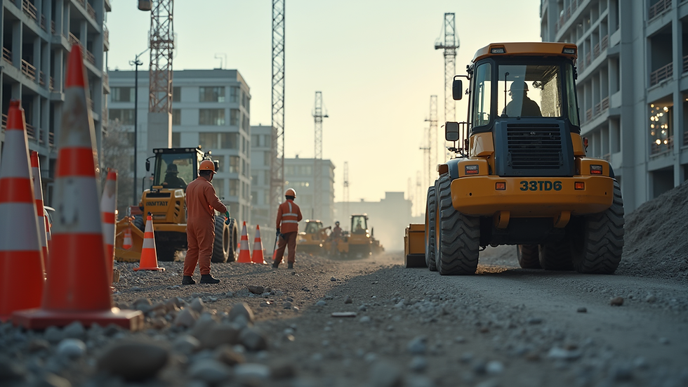 Eye-level view of a construction site with workers and machinery