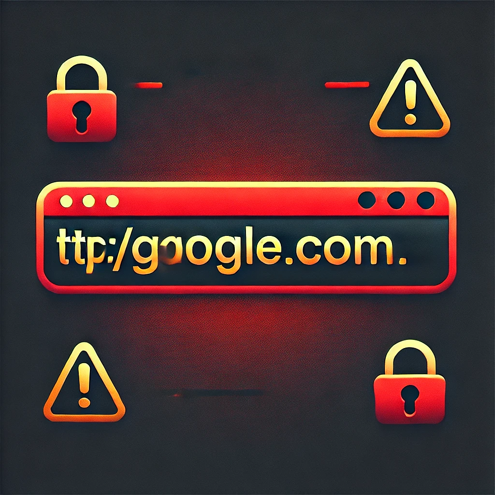 A URL bar with a misspelled domain name, highlighted in red, with faint lock and warning symbols in the background.