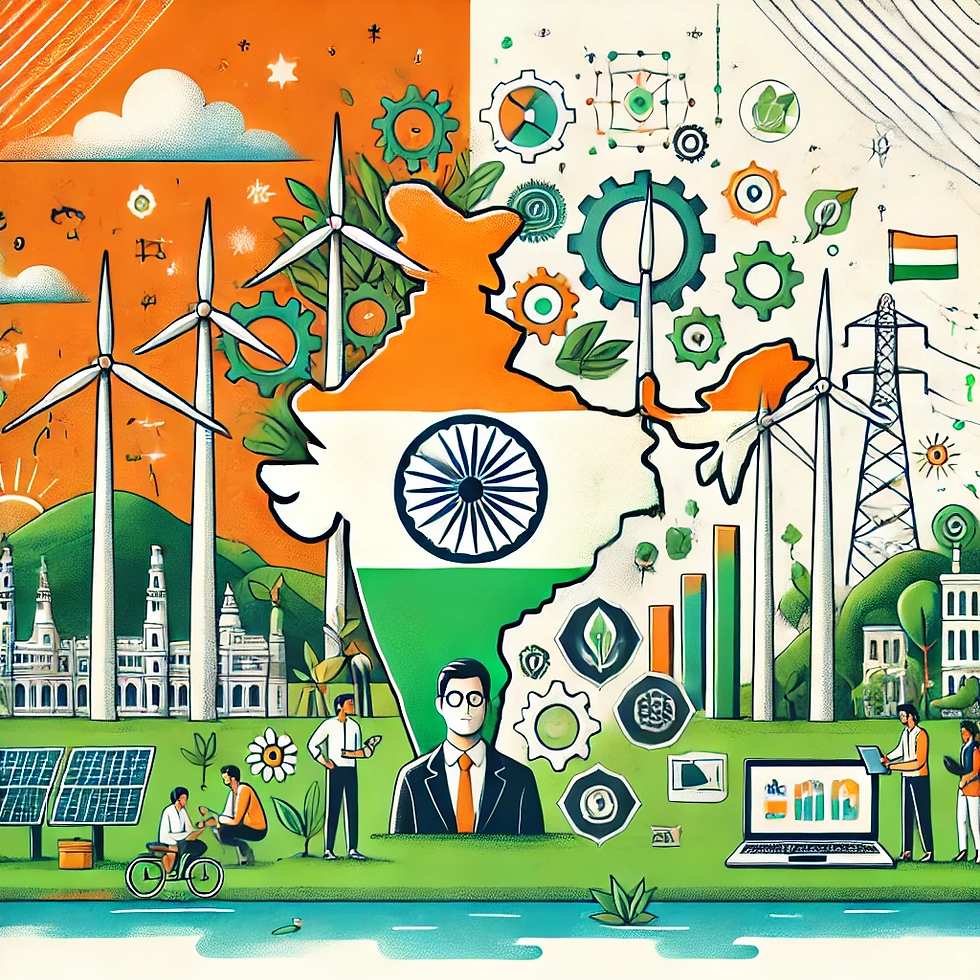 An illustration depicting India's sustainability and entrepreneurship, featuring wind turbines, solar panels, and a startup ecosystem, with Indian colors integrated.
