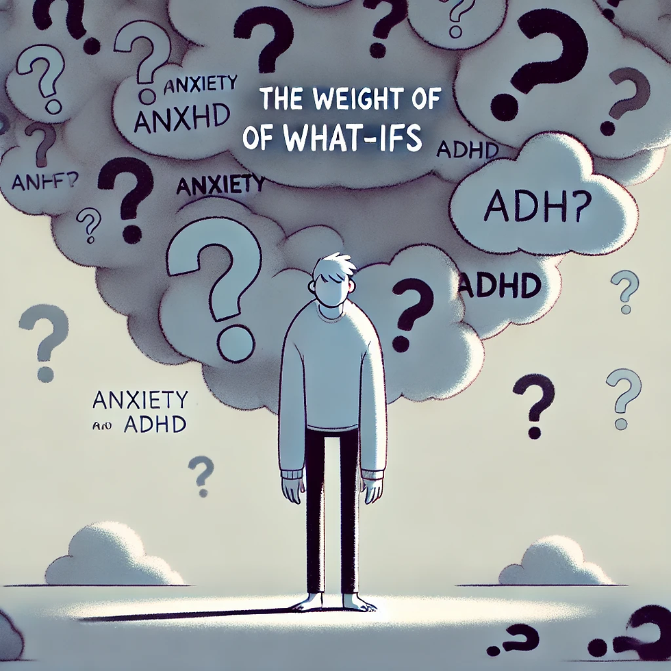 An animated scene showing a character hunched under the weight of floating question marks and clouds, symbolizing anxiety and ADHD. The muted background and shadows emphasize the heaviness and isolation felt by the character.