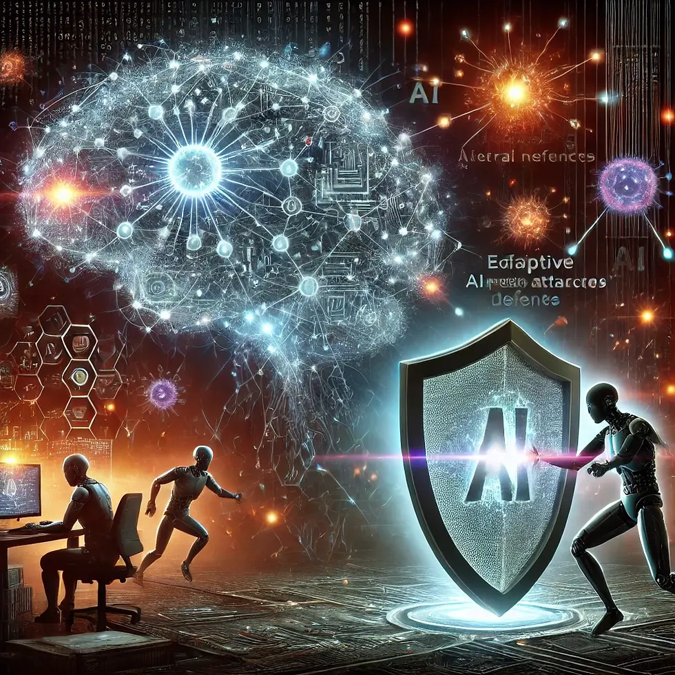 Digital network under attack by adaptive neural networks representing AI-powered cyberattacks, with AI defenses struggling to hold off evolving threats.