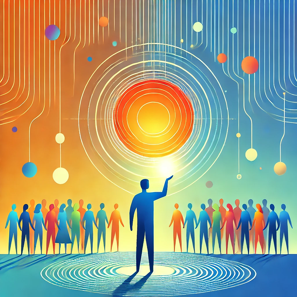A minimalist illustration of a figure holding a glowing sphere, symbolizing a high-impact problem, with abstract representations of people and society radiating outward, illustrating the ripple effect of solving the problem. The background features a gradient of blue and orange, symbolizing growth and satisfaction.