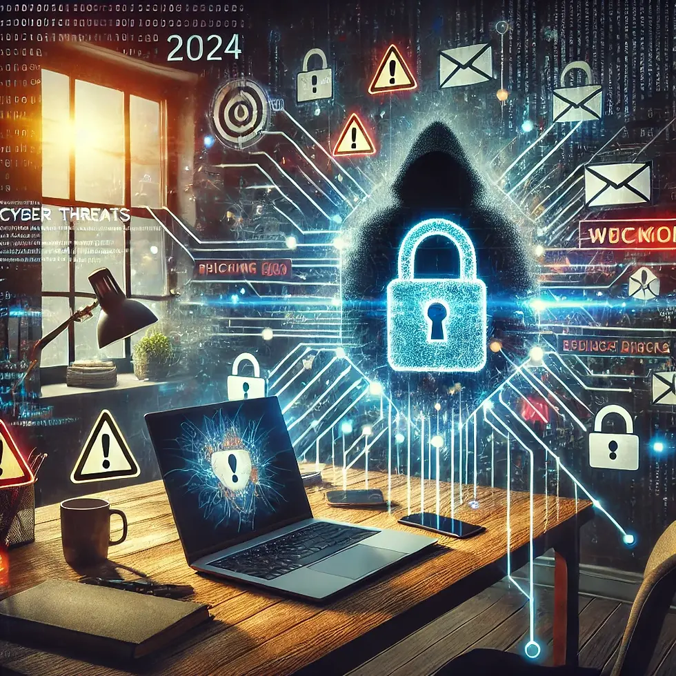 Home office setup with a laptop, surrounded by cyber threats and protected by a glowing digital shield, symbolizing remote work cybersecurity.