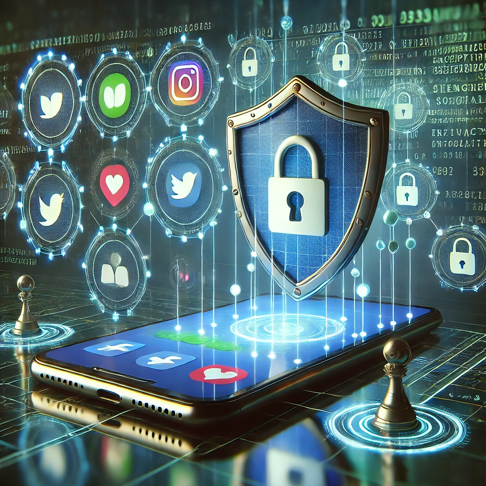 smartphone screen with social media icons surrounded by a protective shield and padlock symbol, showing activated privacy settings like encryption.
