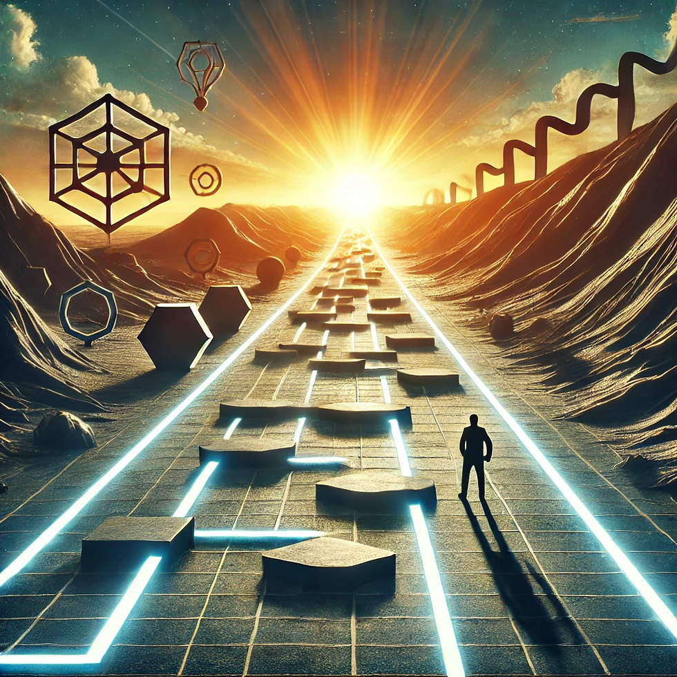 A symbolic path stretches into a glowing horizon, representing the future. Along the path are abstract challenges, but the end is bright with possibilities. A figure walks confidently, symbolizing perseverance and visionary leadership, reflecting resilience and a hopeful future shaped by technology and innovation.