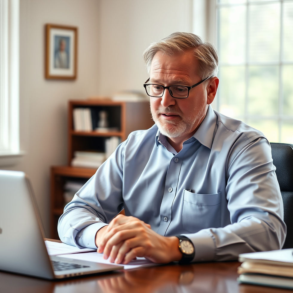 A funeral director seated at a desk reviewing their marketing on a laptop or tablet.