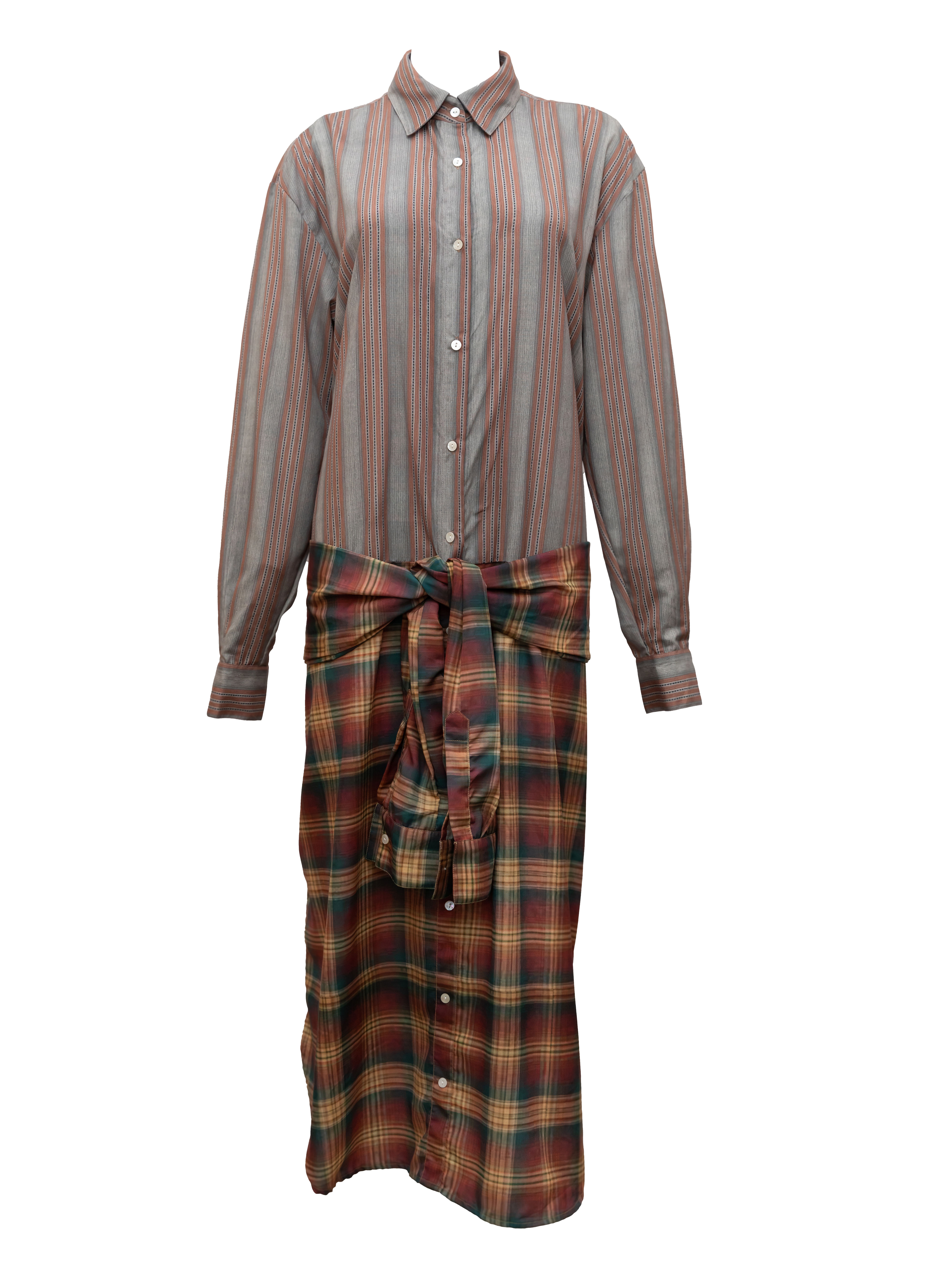 SASHA DRESS TIED SLEEVES TILES AND STRIPES GREY