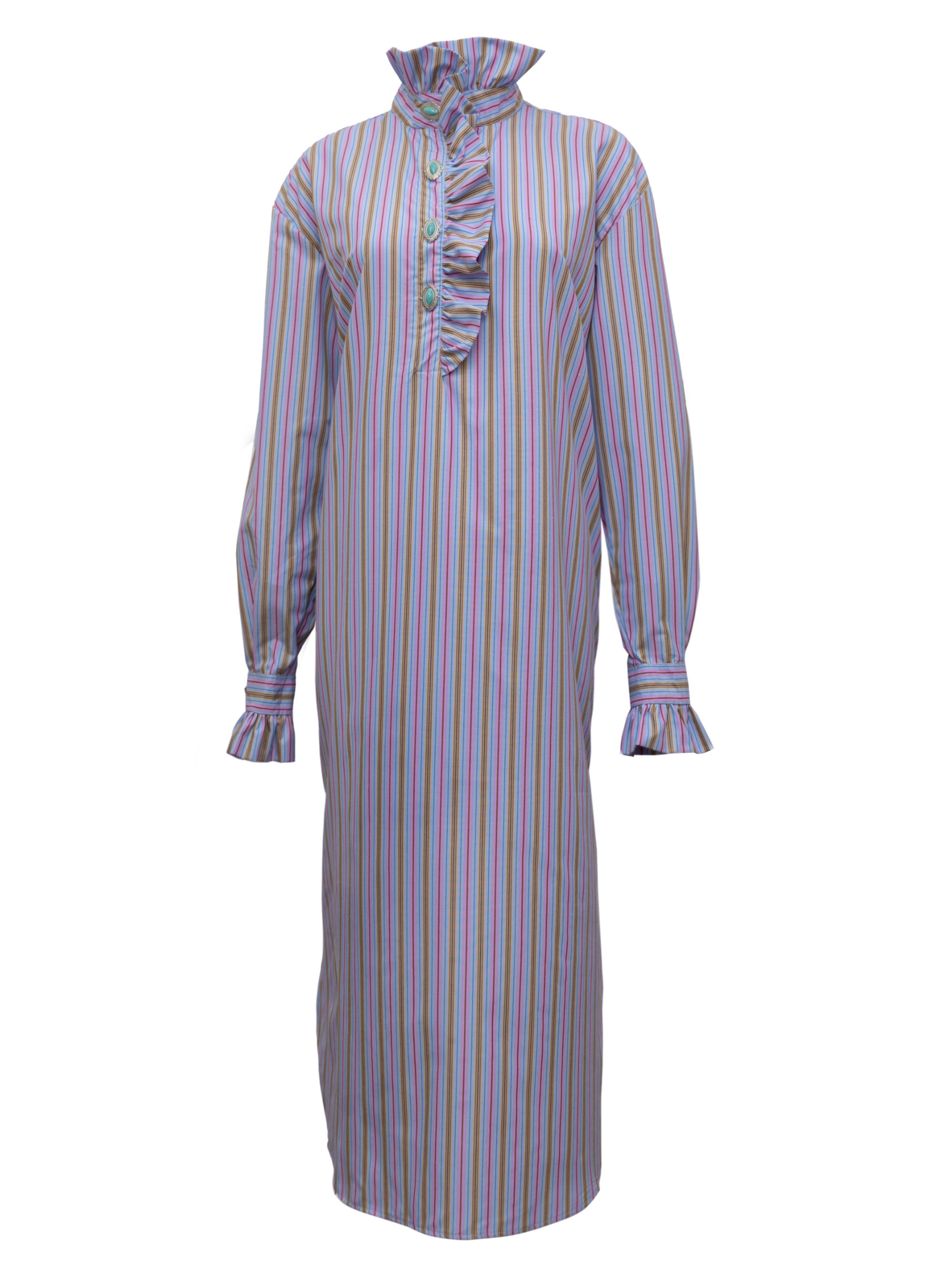 BELLA DRESS PURPLE STRIPES TURQUOISE BUTTON