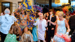 Tropicalia Brazilian dancers leading the wedding party in interactive dance