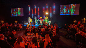 Tropicalia samba dancers in vibrant costumes performing alongside live drummers on stage