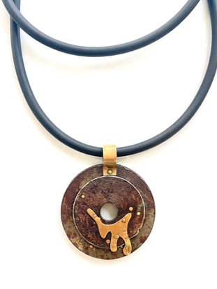 Necklace, long, found objects, round, pendant