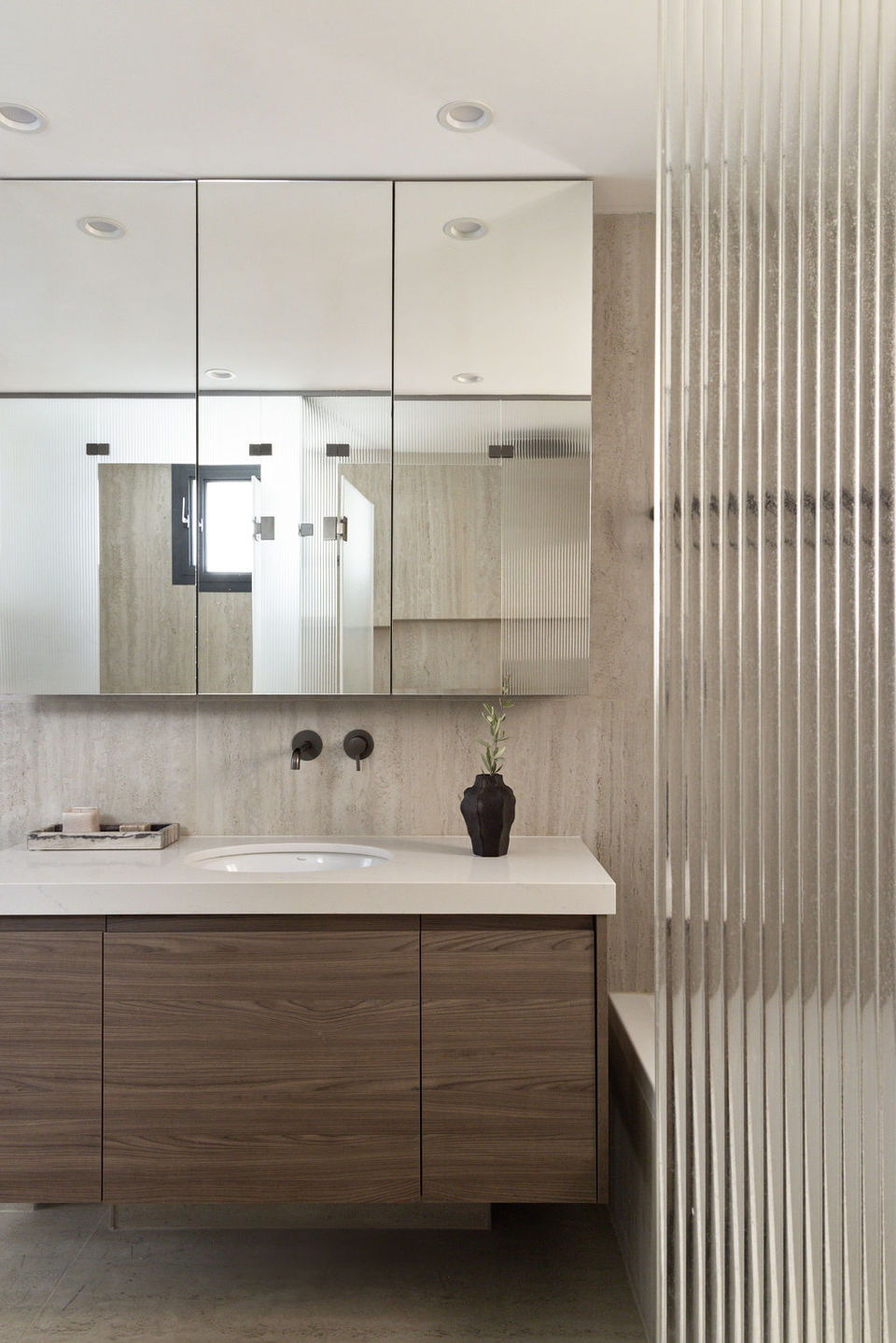 Bathroom vanity with mirror and wood cabinet, Alyssa Magid Interiors decor