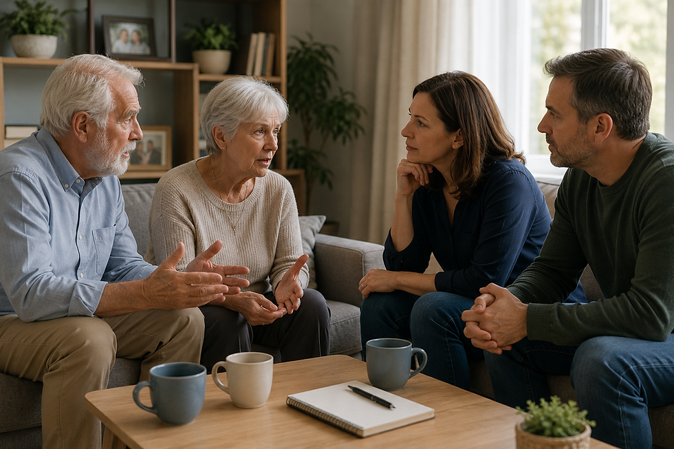 Couple having a serious conversation with their older parents