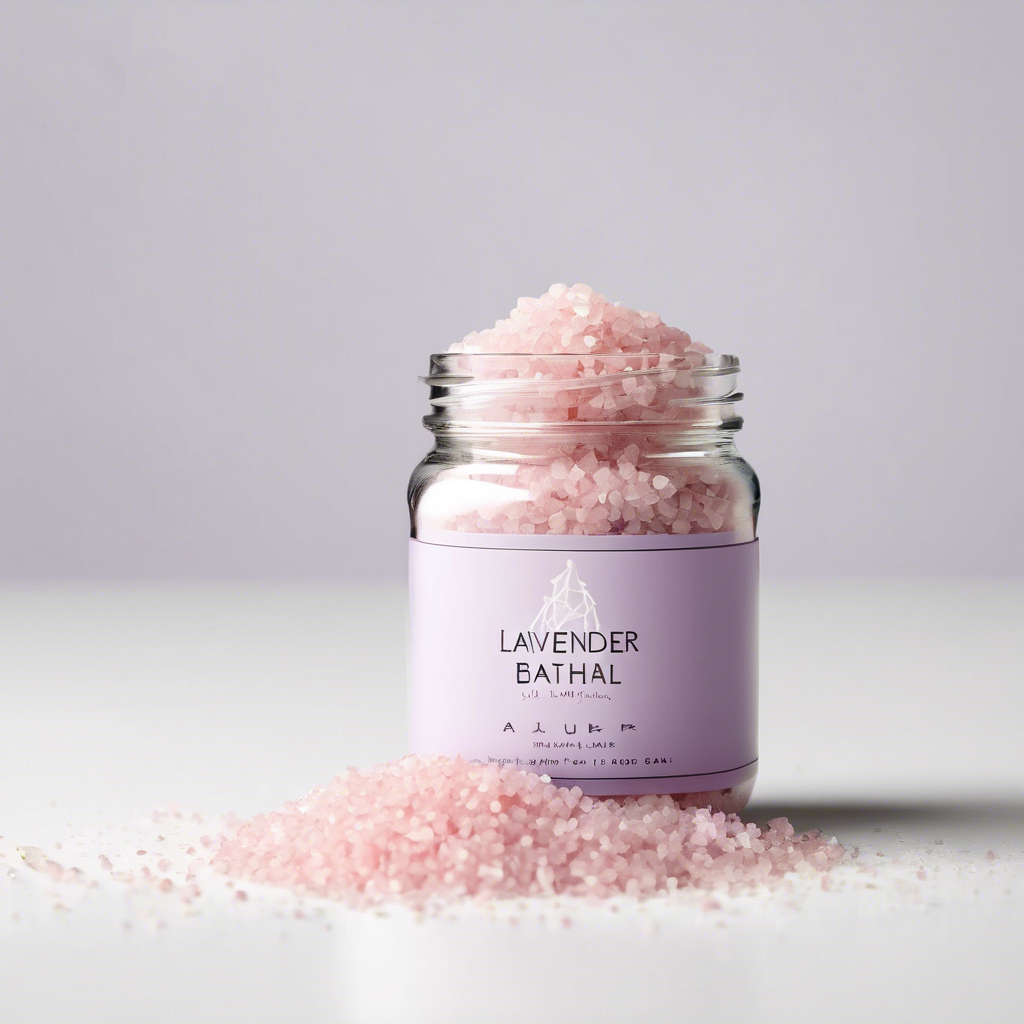 Lavender Himalayan Bath Salt in a clear pouch with purple lavender accents