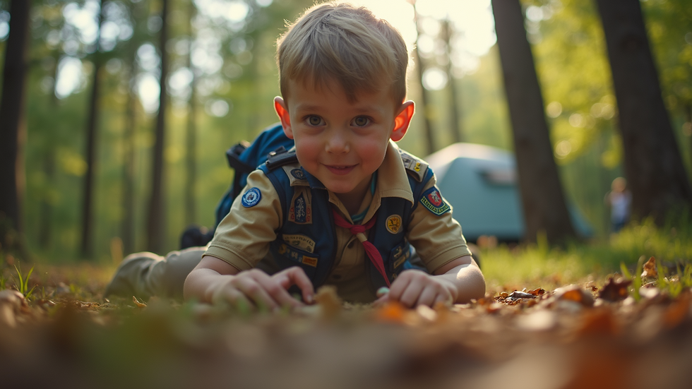Eye-level view of a Cub Scout participating in a camping activity