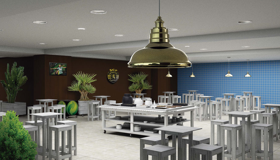 Interior moderno com mesas altas, bancos e plantas.