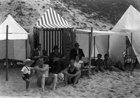 traditional beach tents in Portugal - old black & white picture