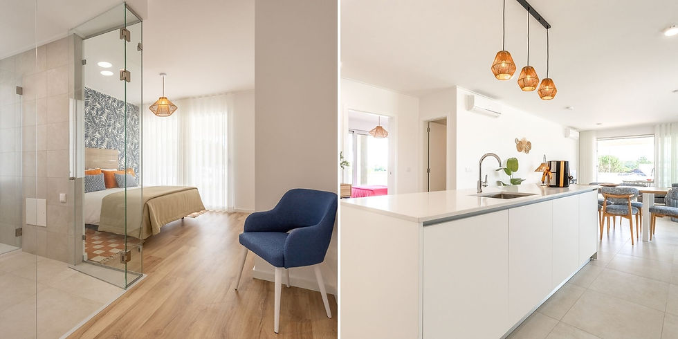 The development offers spacious two-bedroom (T2) and three-bedroom (T3) apartments, with open-plan kitchens carefully designed to maximize natural light and outdoor living.