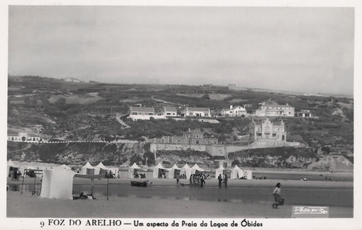 traditional beach tents in Foz do Arelho - old black & white picture
