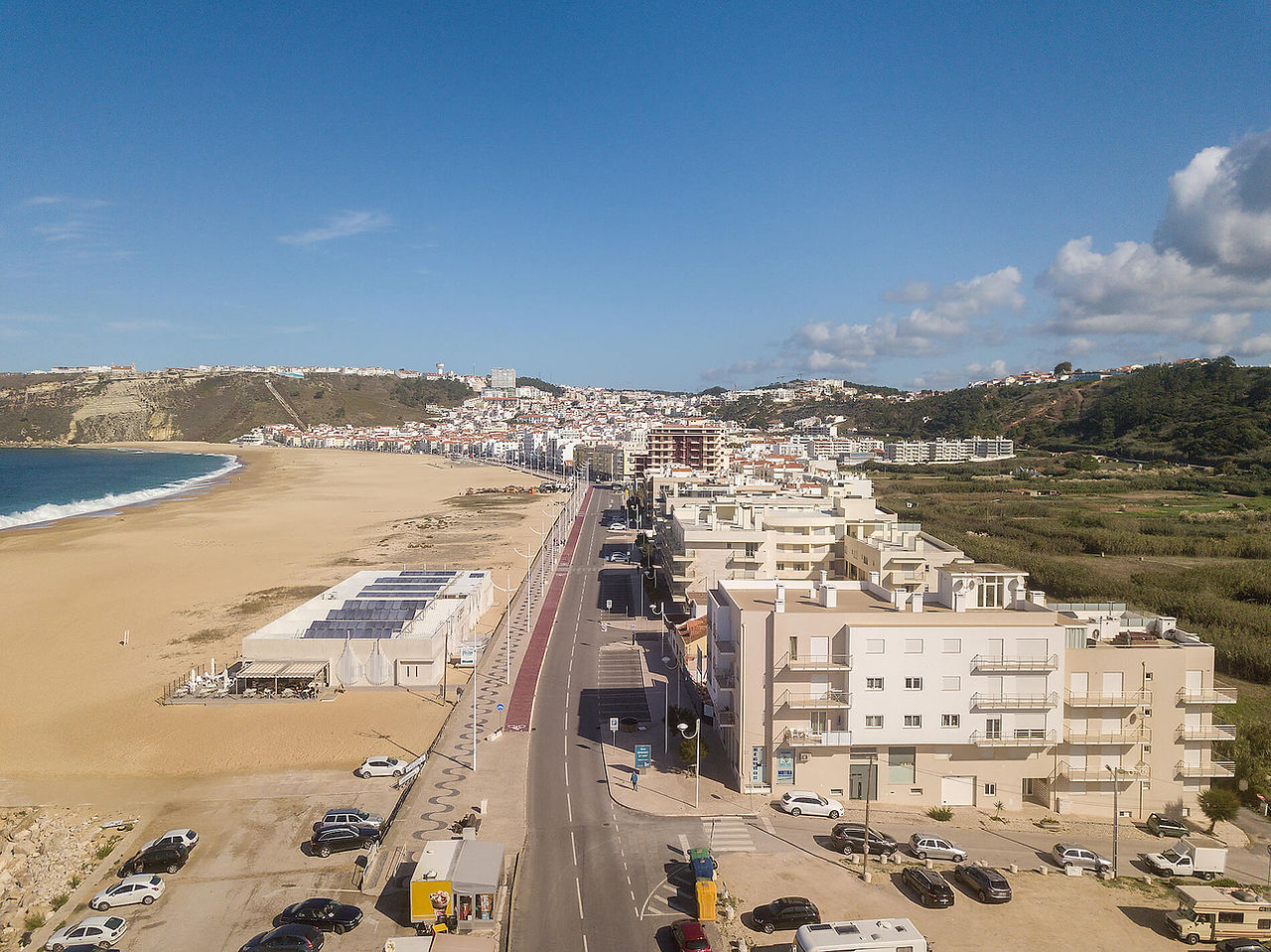 Aerial view of the boardwalk and beach of Nazare