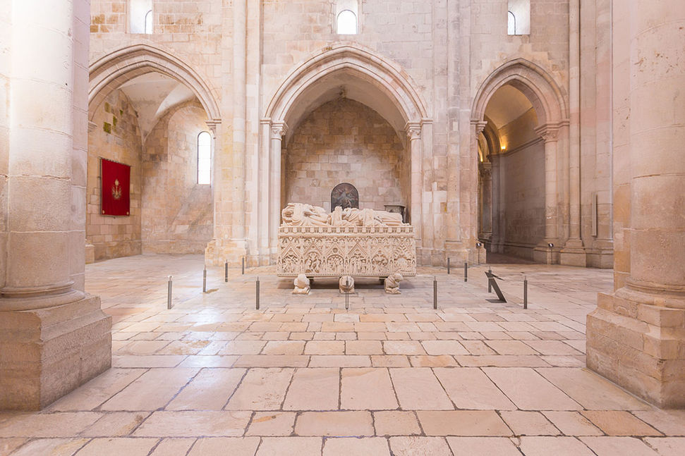 Stone tomb and interior of the church in the Alcobaça Monastery, Portugal
