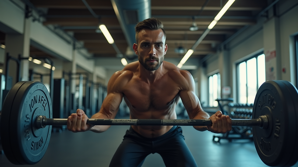 Eye-level view of a man lifting weights in a gym