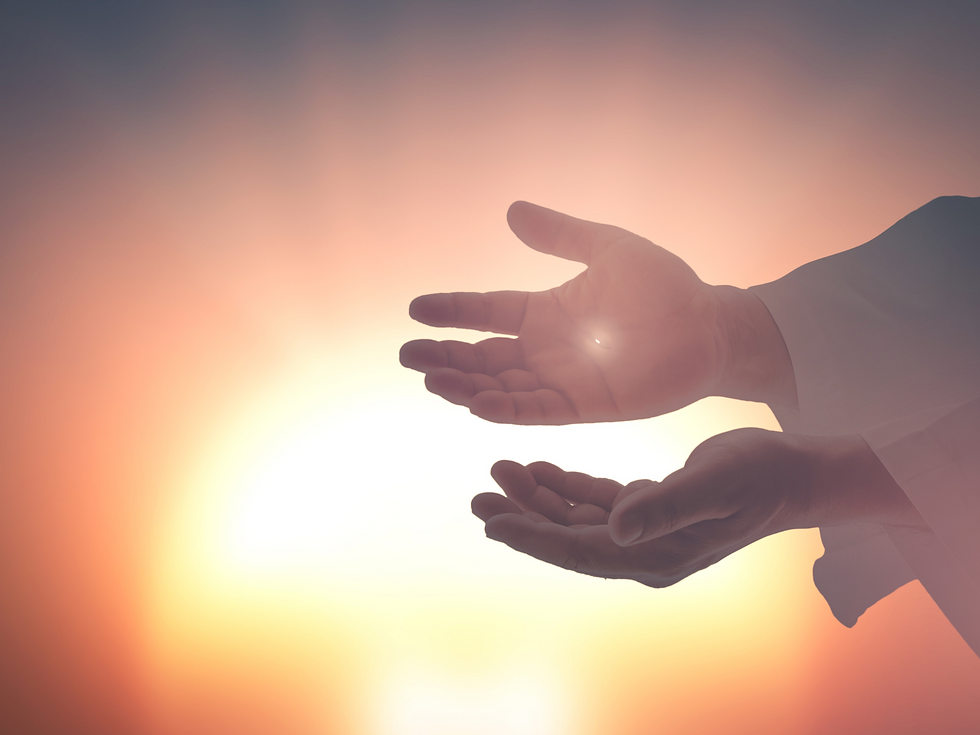 Jesus after resurrection with sun showing through pierced hands
