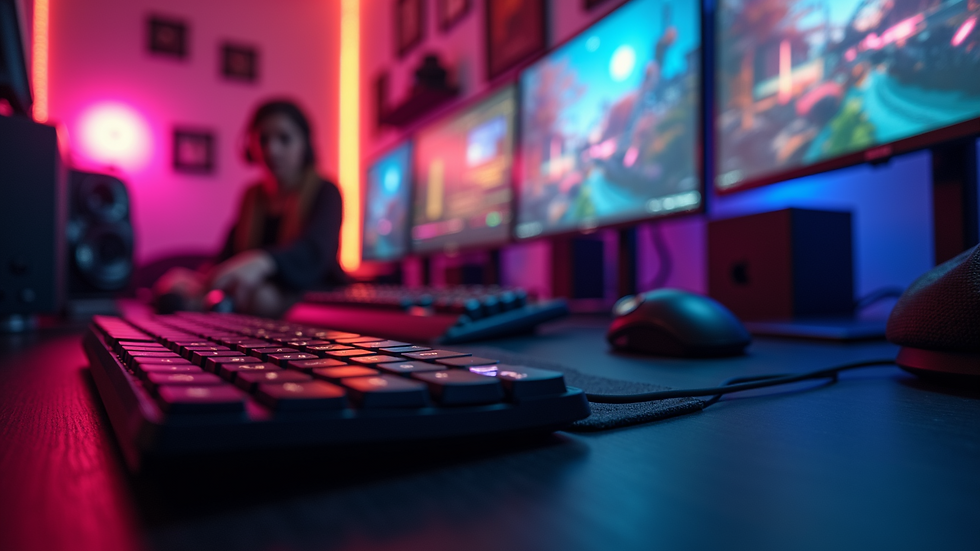 Eye-level view of a gaming setup with a colorful backdrop