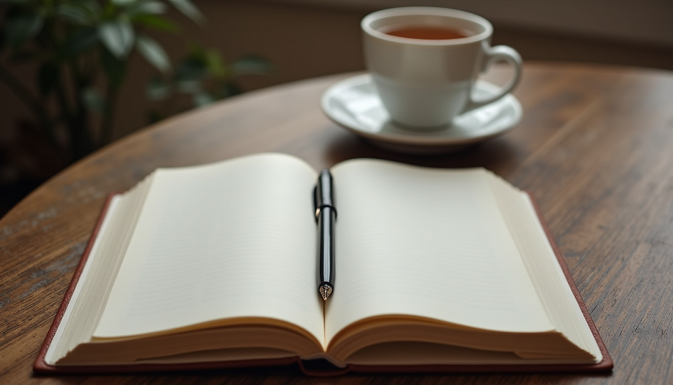 Eye-level view of a journal open on a wooden table with a pen and a cup of tea