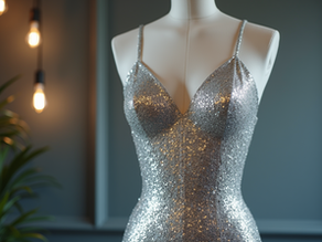 Silver sequined dress on a mannequin in a dim room with hanging light bulbs. A plant is visible in the background, creating an elegant mood.