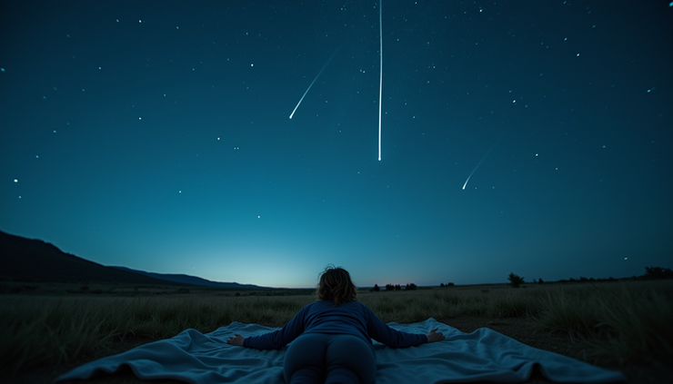 Eye-level view of a person lying on a blanket in an open field watching the Geminid meteor shower with clear skies