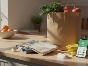 Overhead view of a grocery haul with a phone showing a cash back app beside the receipt