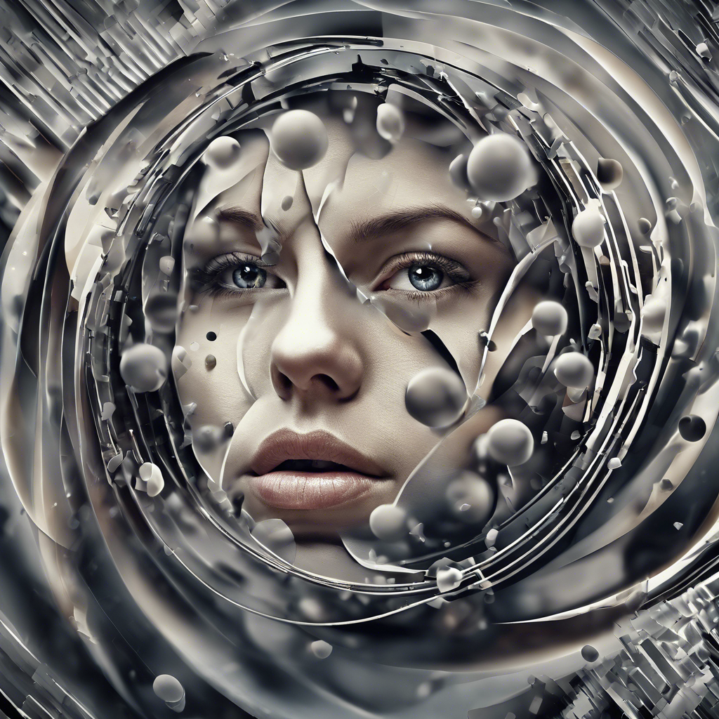 Surreal portrait of a woman's face surrounded by swirling metallic and spherical shapes. The expression is neutral, colors are monochrome and futuristic.